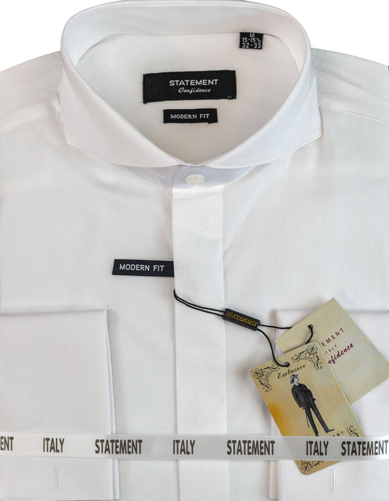 A white cotton dress shirt from Statement Clothing, featuring a "MODERN FIT" label and brand tags, adorned with a decorative strip displaying the word "ITALY," and enhanced by an elegant spread collar. Product Name: STATEMENT CLOTHING | ﻿COTTON SPREAD COLLAR DRESS SHIRT SP-100-WHITE.