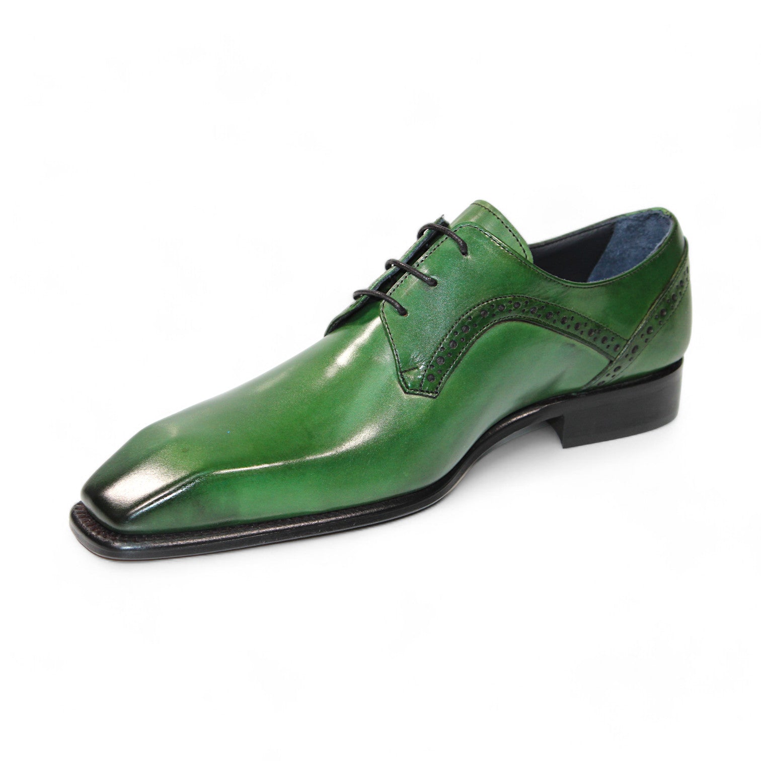 The Duca Di Matiste Spada (Green) dress shoe, crafted in Italy and featuring a green weave leather design with brogue detailing and black laces, displayed from the side.