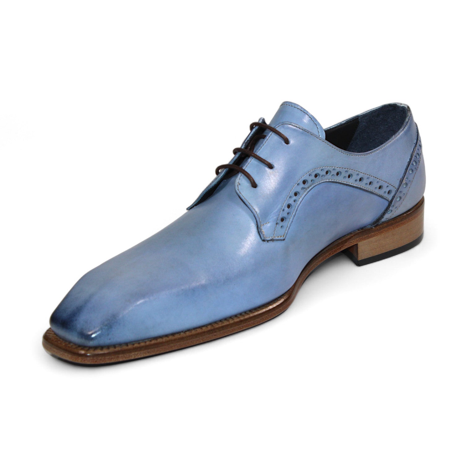 Introducing the Duca Di Matiste Spada (L. Blue), a premium leather dress shoe designed in Italy by Duca Di Matiste, showcasing elegant brown laces and a strong wooden sole.