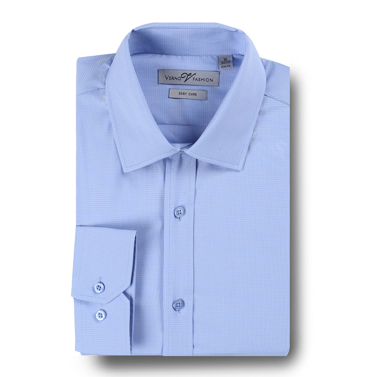 Neatly folded light blue slim fit dress shirt featuring a pointed collar and button cuffs. The label reads "Renoir, Easy Care." Ideal for those looking for tailored shirts that seamlessly combine style and comfort.