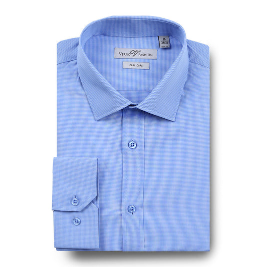 Folded slim fit blue dress shirt by Renoir, featuring a pointed collar and buttoned cuffs with a checkered pattern, known as the VERNO Blue Slim Fit Cotton Easy Care Dress Shirt SS211.