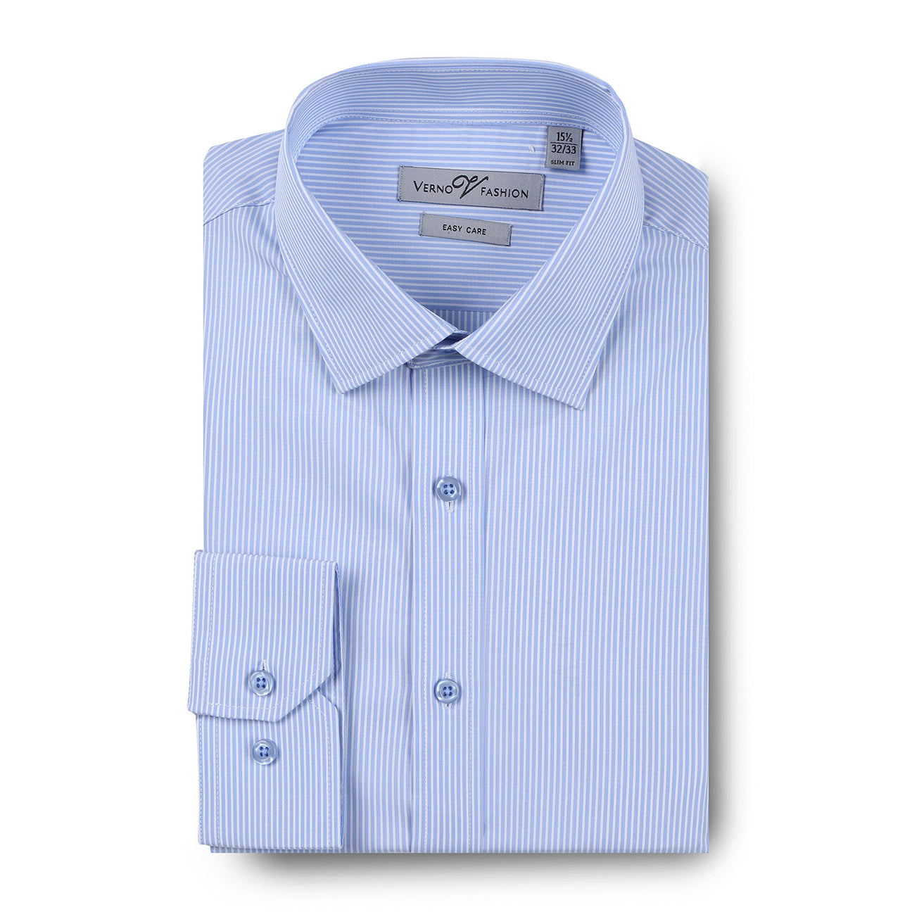 The VERNO Light Blue Slim Fit Cotton Easy Care Dress Shirt SS212 by Renoir is a meticulously crafted dress shirt featuring thin vertical stripes and a button-up design. Made from premium materials, it boasts a pointed collar and a sleek, pocketless front, exemplifying the elegance of tailored dress shirts.