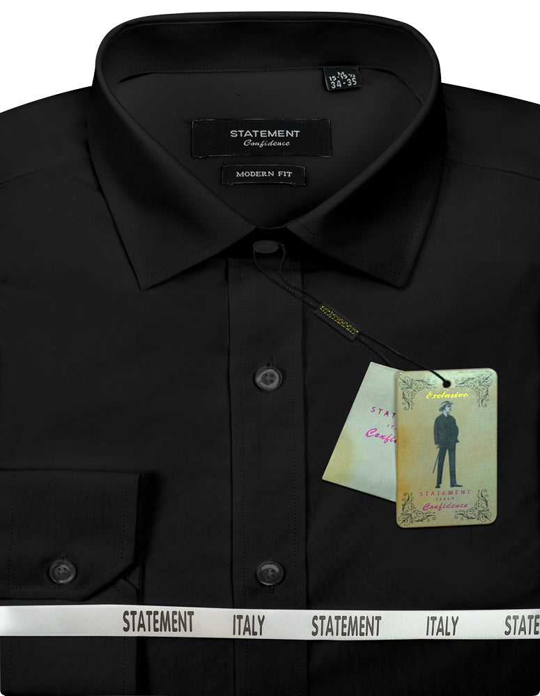 A men's black dress shirt in a modern fit, made from quality cotton, with tags attached and labeled "Statement Confidence." The product is named "BASIC COTTON DRESS SHIRT STA-100-BLACK" by Statement Clothing, and the packaging strip says "Statement Italy.