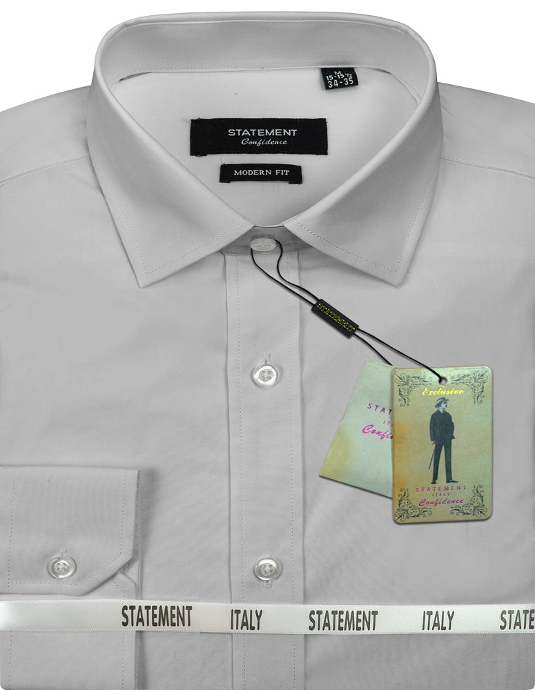 Gray cotton dress shirt by Statement Clothing, known as the BASIC COTTON DRESS SHIRT STA-100-GREY, designed in a modern fit with a label that highlights its stylish silhouette.