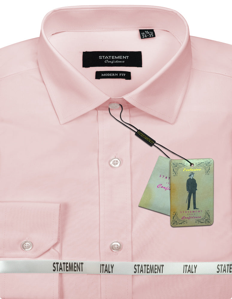 Close-up of a men's pink dress shirt with tags and packaging. This modern fit garment, crafted from premium cotton in Italy, is part of the Statement Confidence line. A ribbon marked "Statement" elegantly encircles the shirt, labeled as the STATEMENT CLOTHING | BASIC COTTON DRESS SHIRT STA-100-PINK by Statement Clothing.