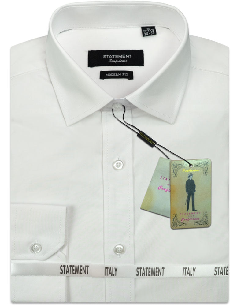 A neatly folded white men's dress shirt labeled as "Statement Clothing," complete with a tag, designed from basic cotton for a modern fit.