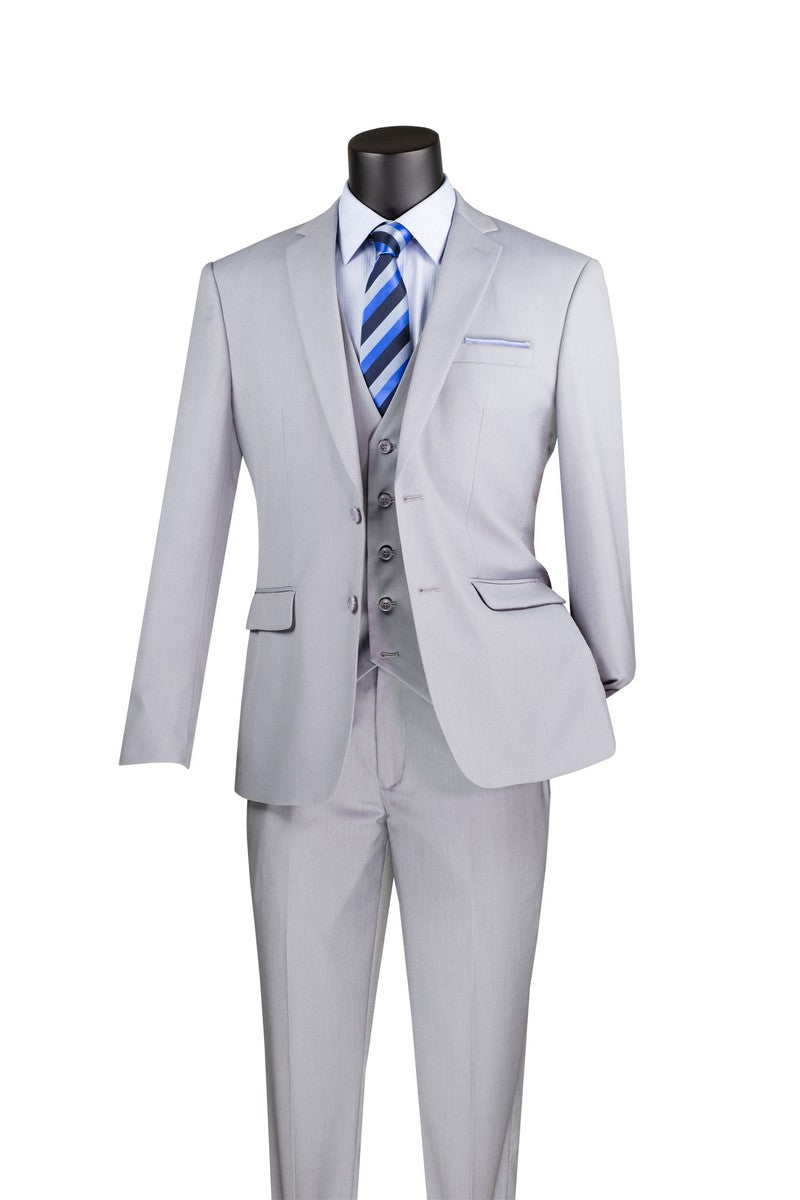 The mannequin showcases the Vinci Slim Fit 3 Piece 2 Button Suit in Light Gray (SV2900) from Vinci Suits, featuring a jacket, vest, and trousers. It is elegantly paired with a white shirt and a blue and black striped tie, highlighting the sophistication of this slim fit suit.