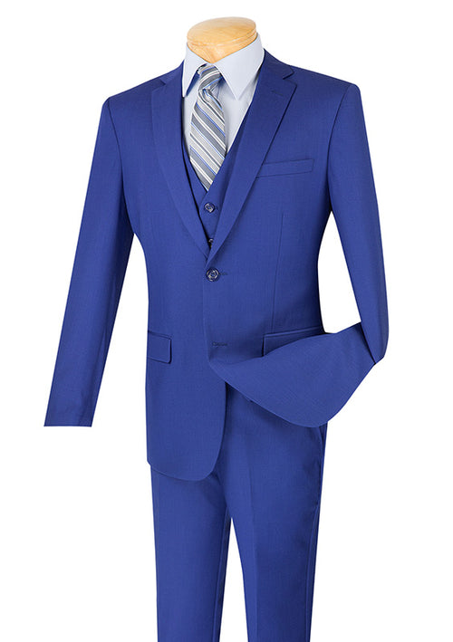 Displayed on a mannequin is the elegant Vinci Slim Fit 3 Piece 2 Button Suit in Twilight Blue, model SV2900 by Vinci Suits. The ensemble includes a jacket, vest, and trousers, all crafted with wrinkle-resistant fabric. Complementing the suit is a light blue shirt and a striped tie, creating an impeccably polished appearance.