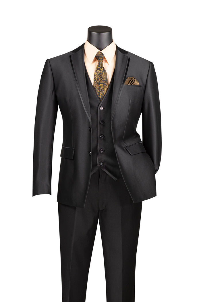 The Vinci Suits mannequin elegantly showcases the Vinci Slim Fit 3 Piece Satin Suit Black SV2D-1, featuring a sleek black satin fabric, paired with a coordinated vest, cream shirt, and paisley tie and pocket square.