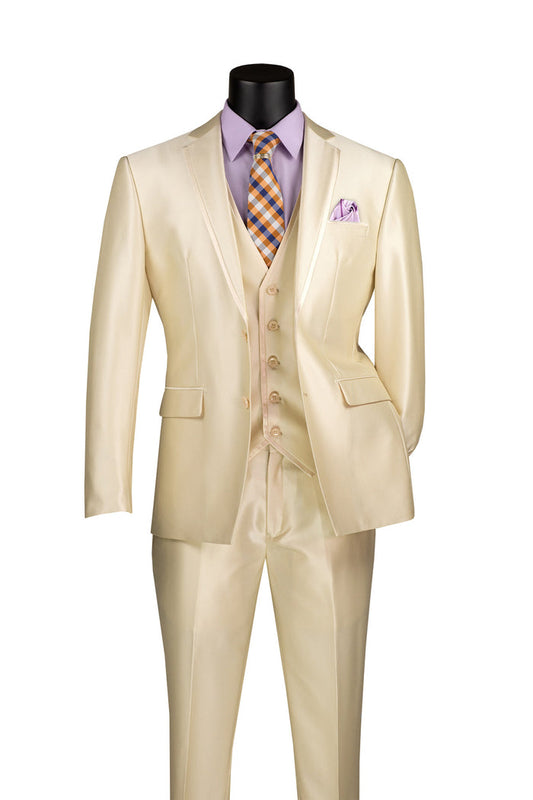 The champagne beige satin-look Vinci Slim Fit 3 Piece Suit by Vinci Suits, paired with a lavender shirt and an orange checkered tie, is gracefully showcased on a mannequin.