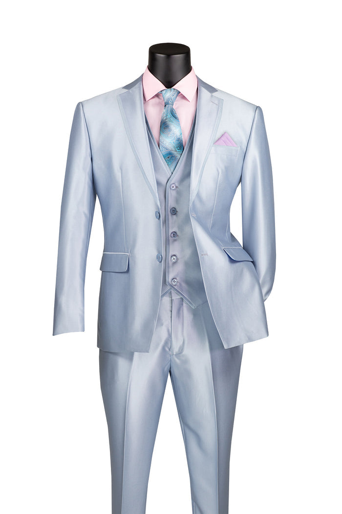 The Vinci Slim Fit 3 Piece Satin Suit Ice Blue SV2D-1 by Vinci Suits, paired with a pink shirt and blue tie, is elegantly displayed on a mannequin.