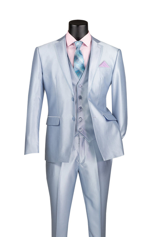 The Slim Fit 3 Piece Satin Suit Ice Blue SV2D-1 by Vinci Suits features a single-breasted jacket, matching vest, pink shirt, teal patterned tie, and pink pocket square, elegantly displayed on a mannequin.