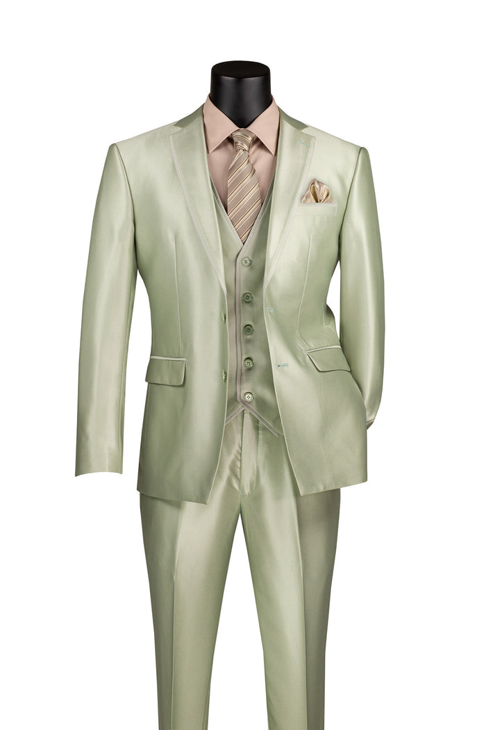 The Vinci Suits' Slim Fit 3 Piece Satin Suit in Light Sage, featuring the SV2D-1 design, is elegantly displayed on a mannequin, complete with a matching tie and beige shirt.