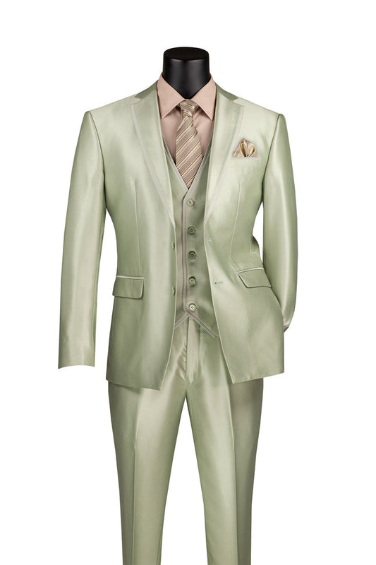 A mannequin elegantly showcases the Vinci Suits Slim Fit 3 Piece Satin Suit in Light Sage (SV2D-1), paired with a beige shirt, striped tie, and pocket square.