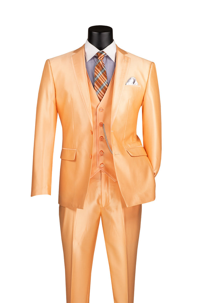 Displayed on a black mannequin, the striking Vinci Slim Fit 3 Piece Satin Suit Melon SV2D-1 by Vinci Suits showcases a bold orange ensemble crafted from satin-look fabric. It is perfectly complemented by a matching striped tie, a crisp blue shirt, and an elegantly folded pocket square.