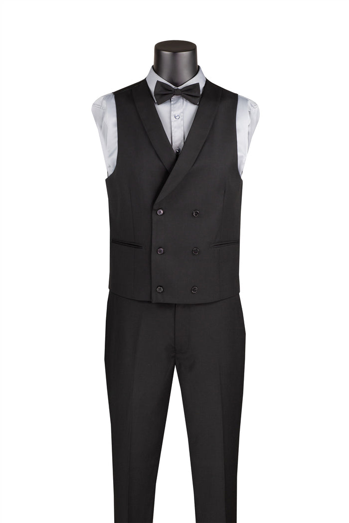 The Vinci Suits Slim Fit 3 Piece Tuxedo Black SV2K-5, elegantly displayed on a mannequin, features a luxurious wool feel and includes a sleek silver shawl collar, matching bow tie, and pocket square.