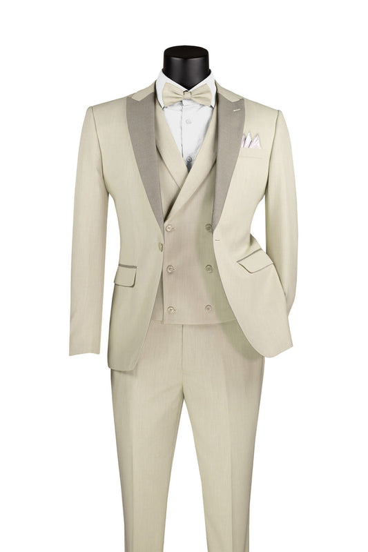 The Vinci Slim Fit 3 Piece with Matching Bow Tie Tuxedo Ecru SV2K-5 by Vinci Suits includes a beige slim-fit design, featuring a double-breasted vest with peak lapels, along with a coordinating bow tie and a crisp white dress shirt.