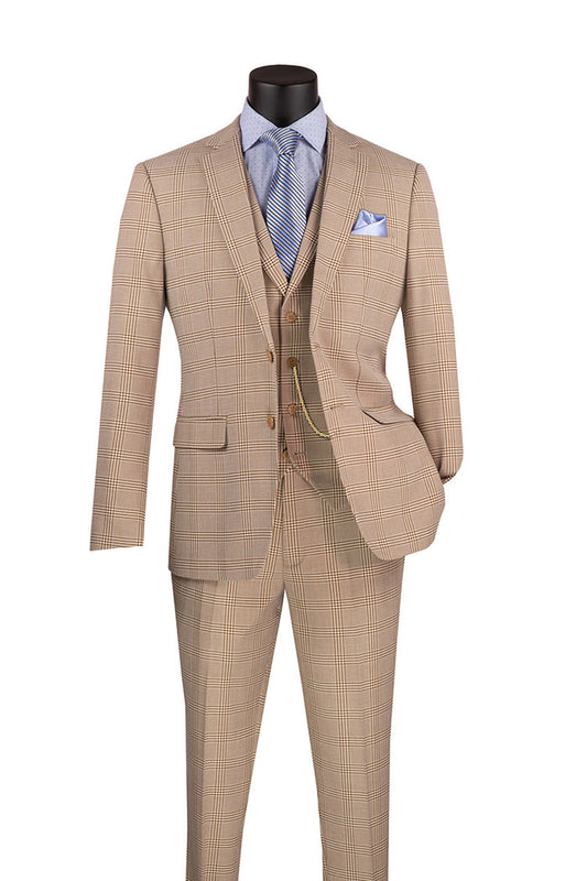 The Vinci Suits Beige SV2W-6 is a slim fit windowpane three-piece set, paired with a light blue shirt and striped tie, and completed with a stylish blue pocket square. This ensemble blends traditional elegance with modern flair to keep you looking sharp and wrinkle-free throughout the day.