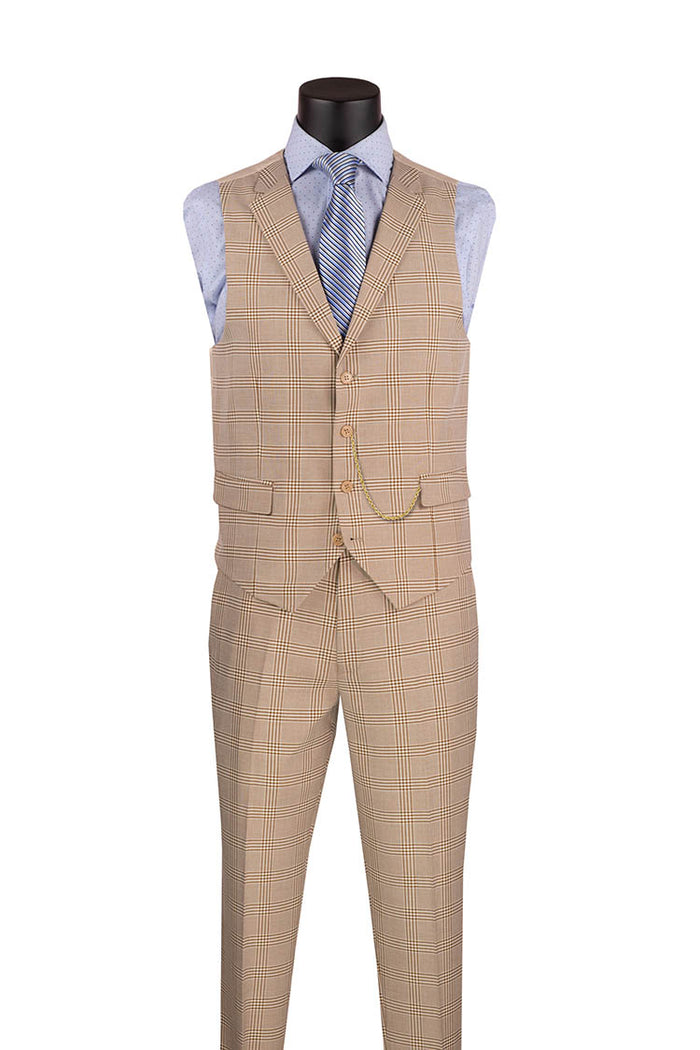 The Vinci Suits Beige SV2W-6 is a slim fit windowpane three-piece set, paired with a light blue shirt and striped tie, and completed with a stylish blue pocket square. This ensemble blends traditional elegance with modern flair to keep you looking sharp and wrinkle-free throughout the day.