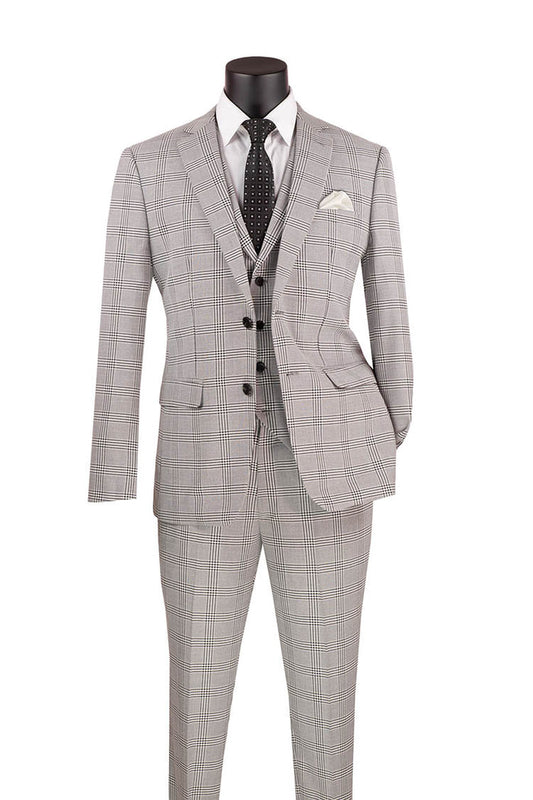 Displayed on a mannequin is the Vinci Suits' Slim Fit Suit Windowpane 3 Piece with Vest in Gray (SV2W-6), paired with a black polka dot tie, white shirt, and pocket square. This ensemble features wrinkle-resistant fabric for a consistently polished appearance.