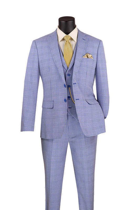 Displayed on a mannequin, the Vinci Suits slim fit three-piece suit in sky blue windowpane pattern, known as the Vinci Slim Fit Suit Windowpane 3 Piece with Vest Sky Blue SV2W-6, comes with a yellow tie and pocket square and features wrinkle-resistant fabric.