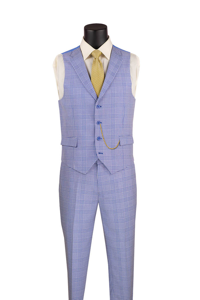 Displayed on a mannequin, the Vinci Suits slim fit three-piece suit in sky blue windowpane pattern, known as the Vinci Slim Fit Suit Windowpane 3 Piece with Vest Sky Blue SV2W-6, comes with a yellow tie and pocket square and features wrinkle-resistant fabric.