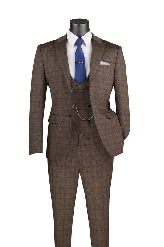 The Slim Fit 3 Piece Stretch Fabric Suit with Armholes Brown SV2W-8 from Vinci Suits elegantly drapes on a mannequin, complemented by a crisp white shirt, blue tie, and timeless gold watch chain.