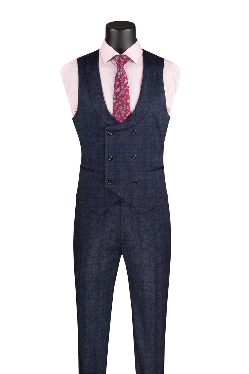 The Vinci Slim Fit 3 Piece Stretch Fabric Suit with Armholes, Navy SV2W-8, from Vinci Suits features a checkered pattern and is designed for comfort. It is elegantly presented on a mannequin with a white pocket square, pink dress shirt, and pink patterned tie.