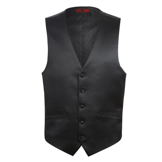 Ideal for the best man, the Alessandro Vitello by Renoir Black Wedding Suit Classic Fit Satin Vest Satin-1 offers a smooth finish with four buttons and two front pockets, making it perfect for weddings.