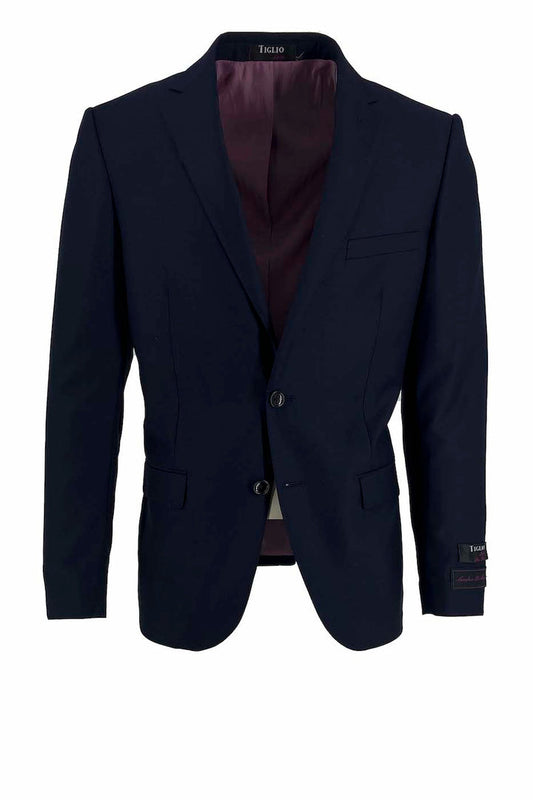 The Tiglio Luxe New Blue Porto Slim Fit Pure Wool Blazer TIG1036 by Tiglio Luxe is designed with a notched lapel and two front buttons, offering a sophisticated touch. Its navy blue exterior is elegantly accentuated by a maroon inner lining, perfect for those seeking classic elegance in men's fashion.