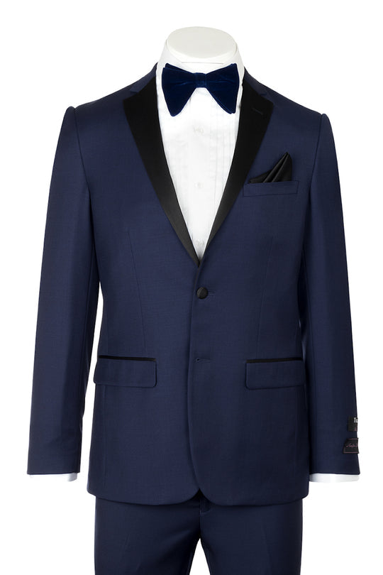 Discover the sophistication of the Tiglio Luxe Porto New Blue Tuxedo Tig1036, showcasing new blue with black satin lapels, crafted from premium Italian wool. This Tiglio creation offers a modern European fit and comes complete with a white dress shirt, black bow tie, and matching pants for an elegant ensemble.