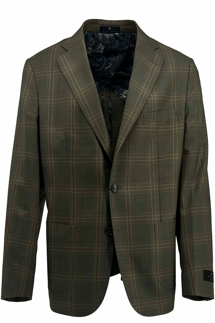 A Tiglio Luxe blazer in olive with a windowpane pattern and a dark paisley-patterned half lining, featuring the elegance of European styling, showcased on a white background.