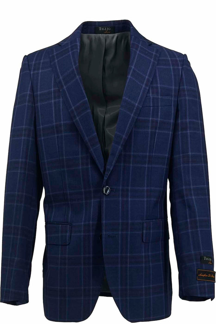 The Tiglio Luxe Navy with Red and Blue Windowpane Dolcetto Modern Fit, Pure Wool Jacket TL2641 showcases the brand's dedication to tailored men's clothing with its Italian fabrics, single button closure, two front pockets, and notched lapel.