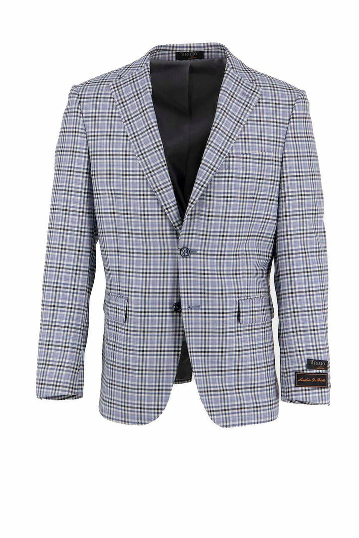 Introducing the Tiglio Luxe Dolcetto Modern Fit Jacket in light blue with a black windowpane pattern, made from pure wool. This jacket features two buttons, two front pockets, and a notched lapel, embodying sophisticated European styling.