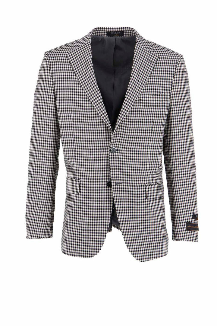 Tiglio Luxe's Dolcetto Modern Fit Jacket, made from pure Italian wool and featuring a black and white mini-check pattern with two buttons and front flap pockets, is showcased against a white background.