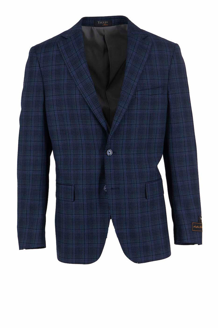 The Tiglio Luxe Blue with Multi Color Windowpane Dolcetto Modern Fit, Pure Wool Jacket TL3313 is elegantly displayed on a white background. This sophisticated blazer, crafted from exquisite Italian wool fabrics, features a single button and notched lapel, ideal for those who appreciate fine men's clothing.