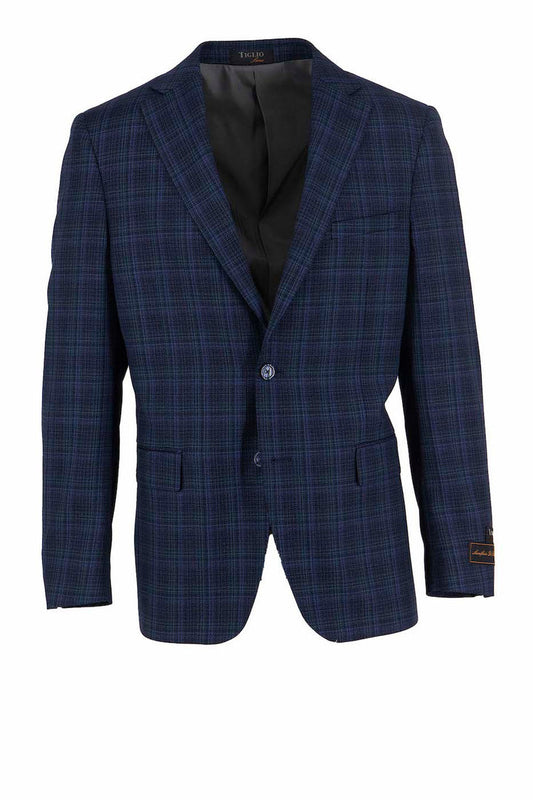 The Tiglio Luxe Blue with Multi Color Windowpane Dolcetto Modern Fit, Pure Wool Jacket TL3313 is elegantly displayed on a white background. This sophisticated blazer, crafted from exquisite Italian wool fabrics, features a single button and notched lapel, ideal for those who appreciate fine men's clothing.