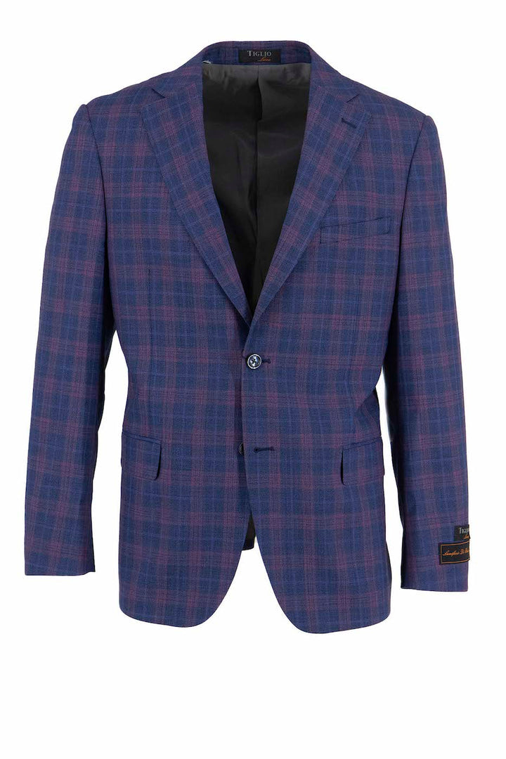 This Tiglio Luxe Dolcetto Modern Fit jacket in a blue color with a light red windowpane pattern, crafted from pure wool, features a single-button closure, notched lapels, and two front pockets. A perfect nod to sartorial traditions in men's clothing.