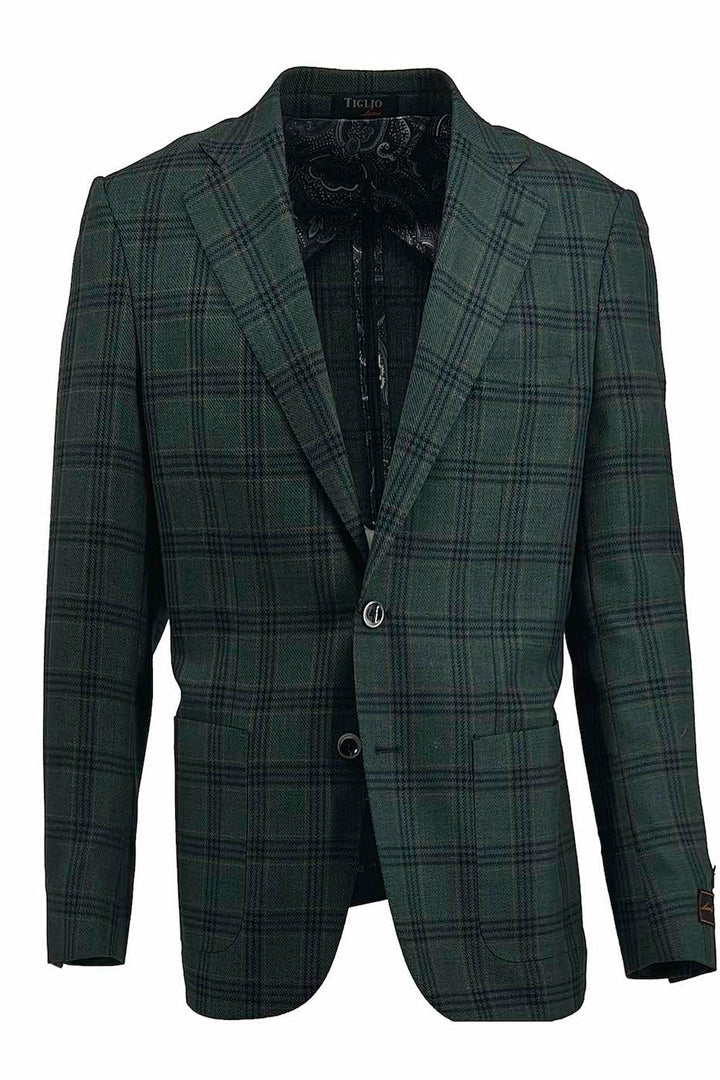 Tiglio Luxe Hunter Green with Black Windowpane Veneto/THP Slim Fit Half Lined, Pure Wool Jacket TL3362