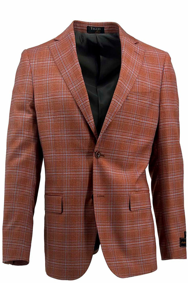 The Tiglio Luxe Amber with Baby Blue Windowpane Dolcetto Modern Fit, Pure Wool Jacket TL2611 combines style and sophistication with its fine Italian craftsmanship. This men's blazer showcases a unique pattern, a single-button closure, and black interior lining, epitomizing the elegance of tailored suits.