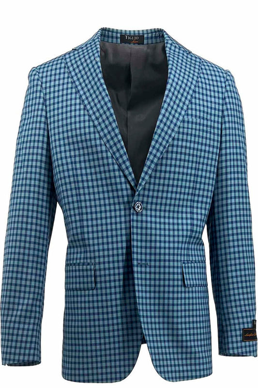 Discover the Tiglio Luxe Cerulean and Navy Check Dolcetto Modern Fit, Pure Wool Jacket TL2615—a sophisticated men's blazer from Tiglio Luxe. Crafted from luxurious Italian fabrics, it features a stylish blue and black checkered pattern with notched lapels and two buttons.