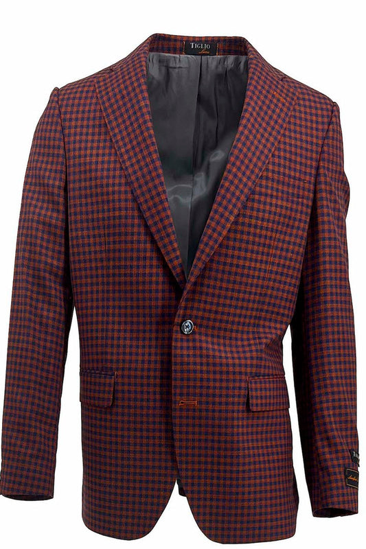 Introducing the Tiglio Luxe Dolcetto Modern Fit Jacket, crafted from pure wool in a burnt orange and navy mini check pattern. This jacket embodies European styling in men's clothing with its single button closure, notched lapels, and two front pockets.