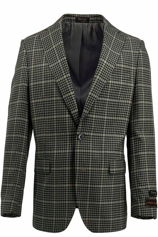 The Tiglio Luxe Pistachio with Black Check Dolcetto Modern Fit, Pure Wool Jacket TL2715 is crafted from Italian fabrics and features a single button closure and two front pockets, displayed on a white background.