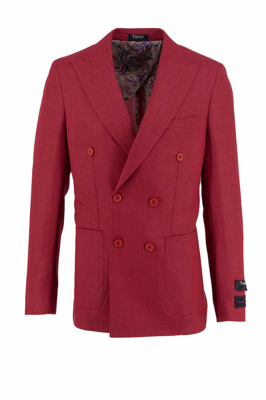 The Tiglio Luxe Crimson Santorini / THP Slim Fit Half Lined, Pure Wool Jacket TL2729 is a red double-breasted blazer featuring button details and paisley lining, crafted from luxurious Italian fabrics that embody timeless sartorial traditions.