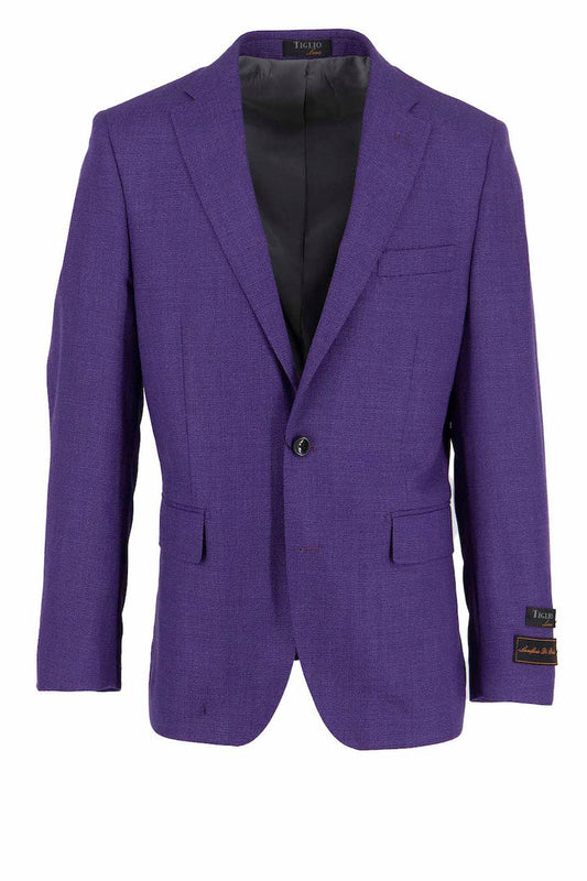 The Tiglio Luxe Dolcetto Modern Fit, Pure Wool Jacket Purple TL2735 is a men's blazer made from pure wool, designed in purple with a single button closure and notched lapels. It also includes two front pockets and one chest pocket.