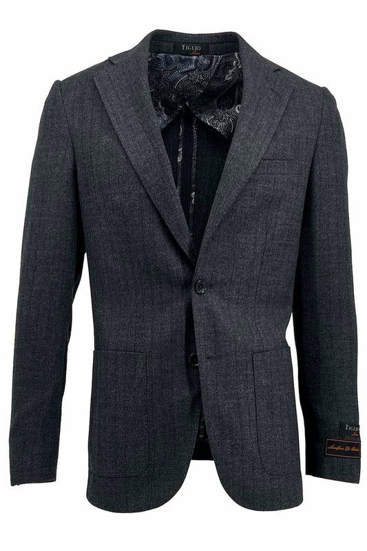 Charcoal gray jacket displayed, featuring a striped design and a paisley-patterned interior, crafted with exquisite Italian fabrics. This Tiglio Luxe Veneto/THP Slim Fit Half Lined jacket is made entirely of pure wool and includes a visible label on the left sleeve.