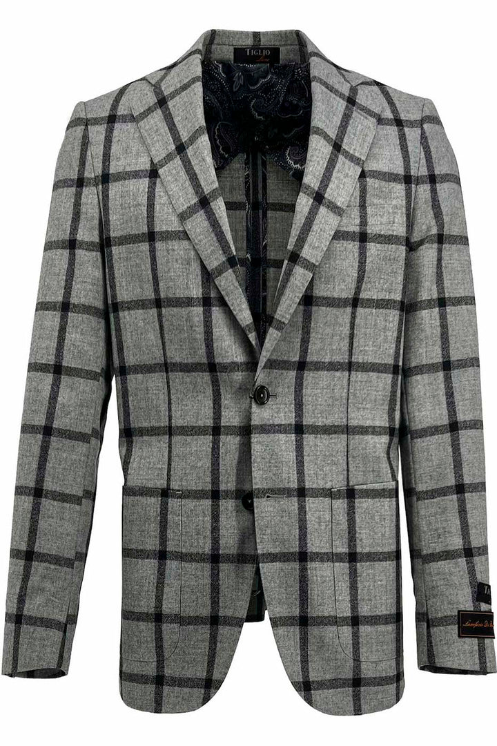 Tiglio Luxe Veneto/THP Slim Fit half lined, Pure Wool Jacket Gray with Charcoal Windowpane TL3322