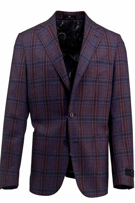 The Tiglio Luxe Dolcetto/THP Jacket in an eggplant color with navy and red windowpane design is crafted from pure wool and showcases a modern fit. It features a half-lined interior, two-button front, and notched lapels, all set against a white background.