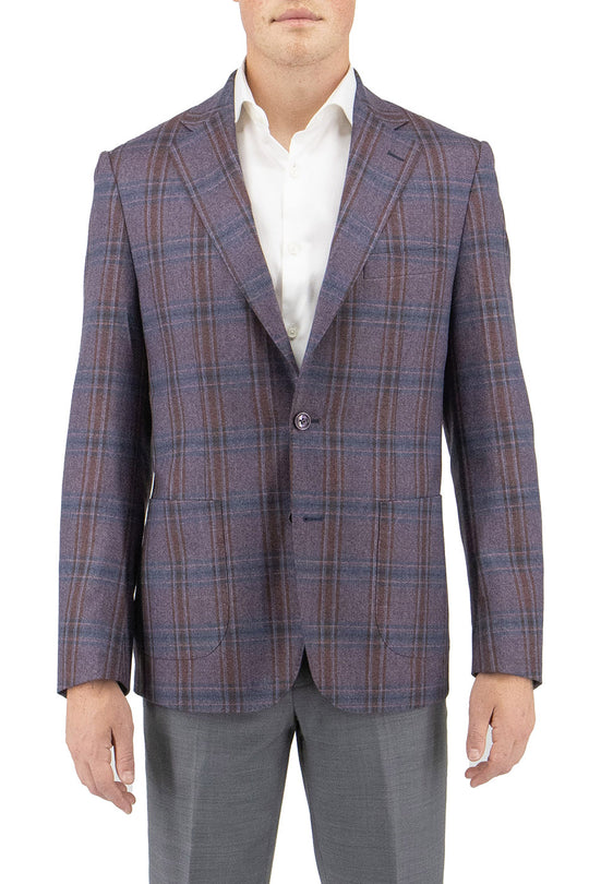 The Tiglio Luxe Dolcetto/THP Jacket in an eggplant color with navy and red windowpane design is crafted from pure wool and showcases a modern fit. It features a half-lined interior, two-button front, and notched lapels, all set against a white background.