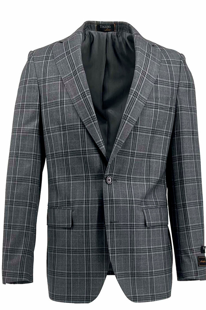 The Tiglio Luxe Gray with Periwinkle Windowpane Dolcetto Modern Fit, Pure Wool Jacket TL3326 showcases timeless sartorial traditions with its pure wool construction, single button closure, front pockets, and notched lapels.